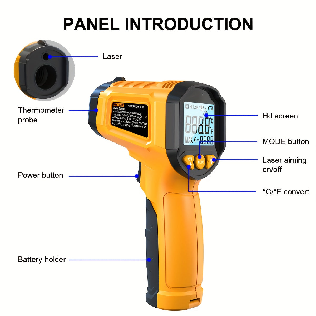 HeatScan PR — Termómetro Infrarrojo HYTAIS con Puntero Láser (Lectura Rápida, No Contacto, Pantalla Digital)