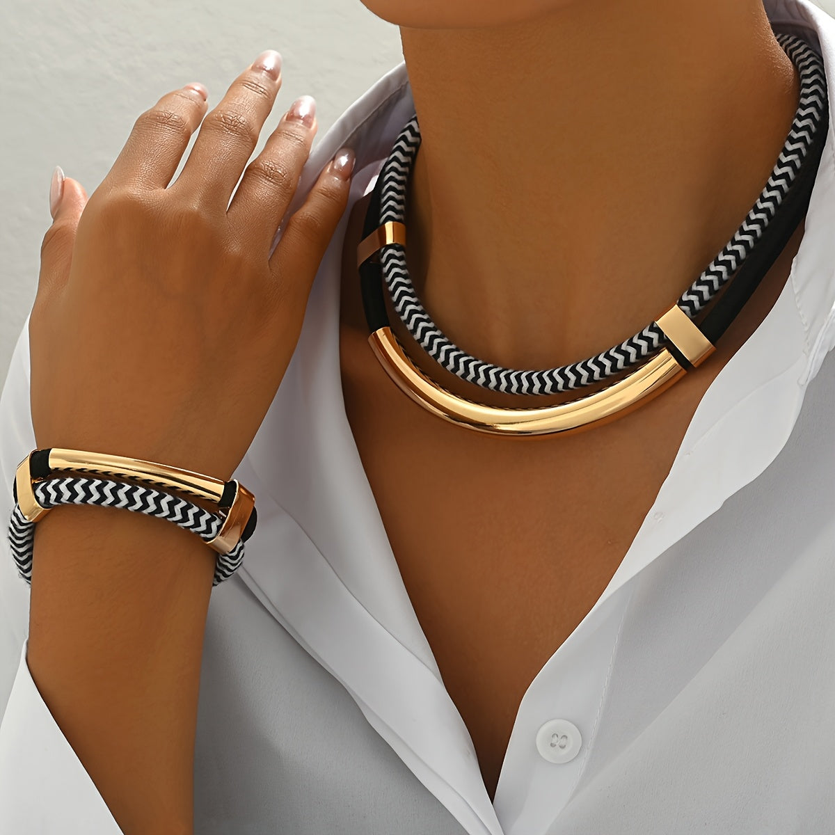 2pcs Vintage Style Jewelry Set, 14K Golden Plated Iron Necklace and Bracelet, Hip-Hop Inspired Double Line Design, Suitable for Daily and Party Occasions
