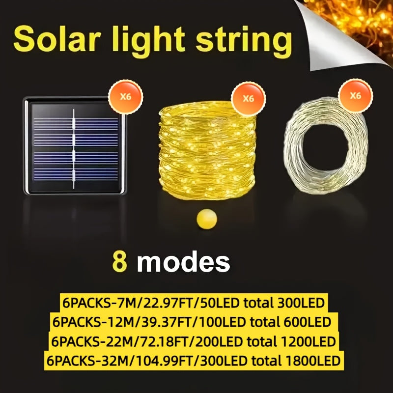 6-Pack Solar-Powered Warm-Tone Copper Wire Fairy Lights, Touch-Safe and Non-Electric, Perfect for Christmas, Halloween, Easter, and Other Holiday Decorations—Essential Outdoor String Lights for Gardens, Yards, and Camping