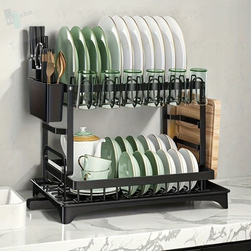Heavy-Duty Carbon Steel Kitchen Dish Rack - Space-Saving Two-Tier Organizer with Drainage System, Compact Countertop Organizer for Plates, Bowls, Cups, Knives, Spoons - Ideal for Small Kitchens, Apartments, Restaurants - Easy