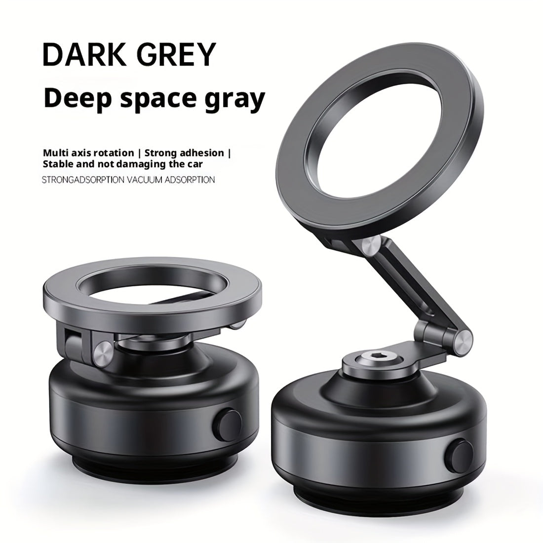 Dark Grey Magnetic Car Mount with 360° Rotation - Durable Aluminum Alloy, Strong Adhesion, Adjustable Stand for iPhone and Android Devices, Perfect for Live Streaming in Car, Gym, Mirror, Smooth Surface, Includes Magnetic Lo