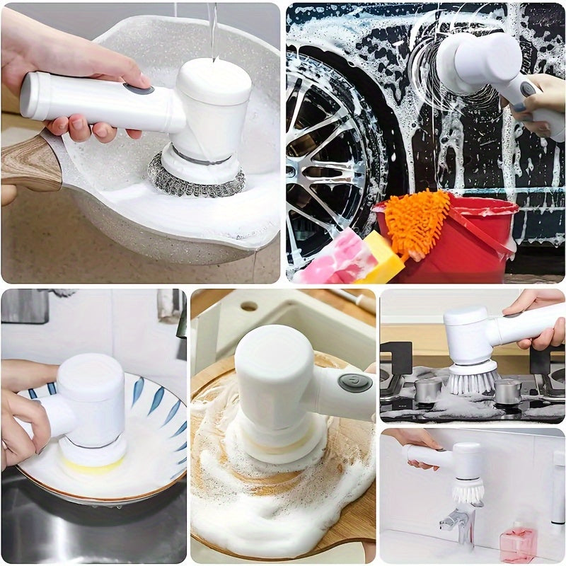 LAN XUN 5-in-1 Rechargeable Electric Cleaning Brush Set with USB Charging, Medium Hardness, Multi-Purpose Handheld Brush Tool Kit for Bathroom, Kitchen, Bedroom, Living Room, Toilet - Includes 5 Brush Heads