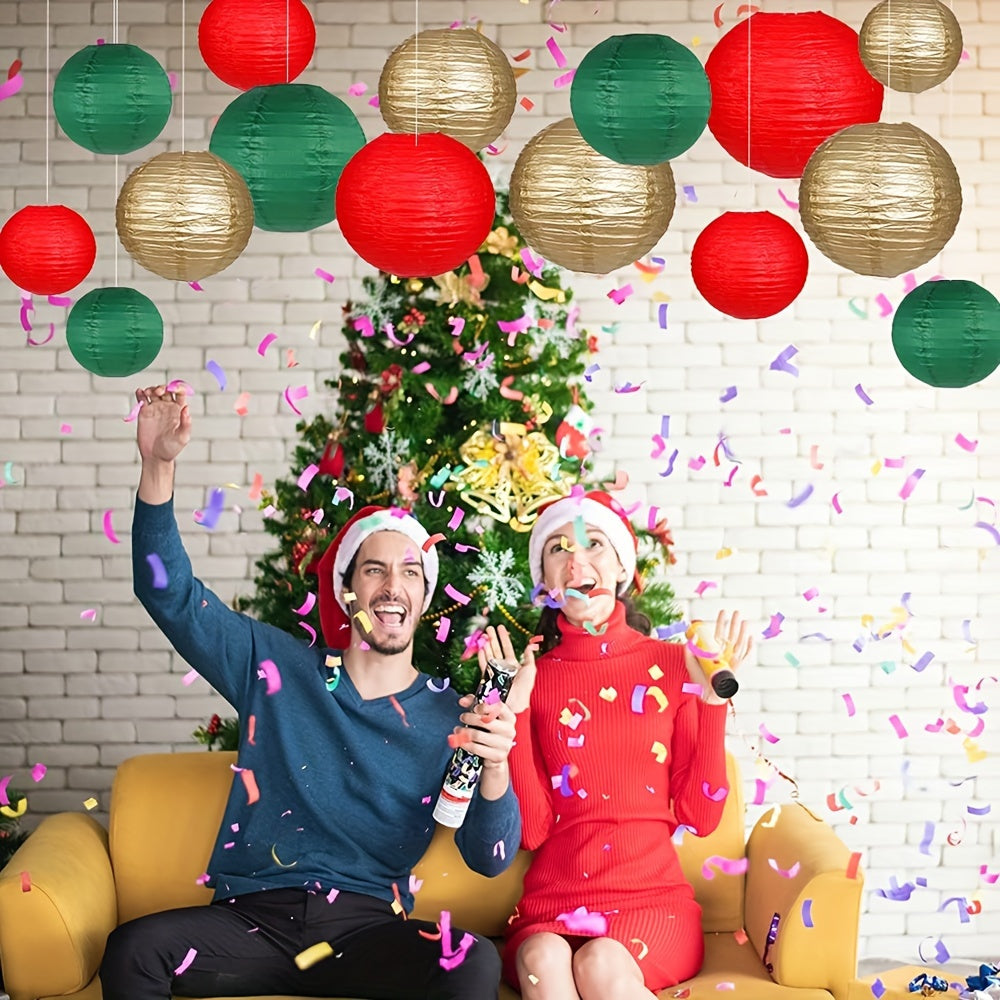 15pcs, Christmas party decoration paper lanterns, 3 25cm, 6 20cm, 6 15cm paper lanterns, 15 sets, suitable for Christmas/New Year room decoration, to increase the festive atmosphere, red, dark green, gold,