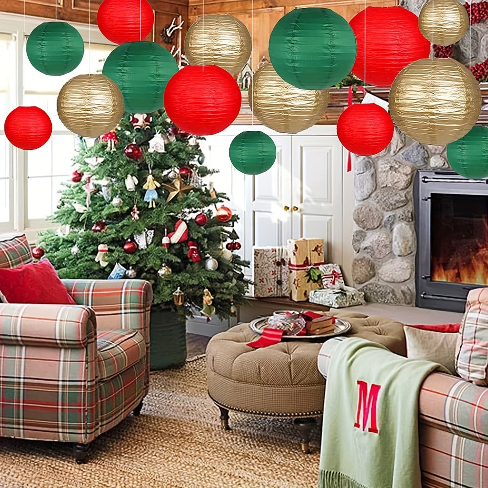 15pcs, Christmas party decoration paper lanterns, 3 25cm, 6 20cm, 6 15cm paper lanterns, 15 sets, suitable for Christmas/New Year room decoration, to increase the festive atmosphere, red, dark green, gold,