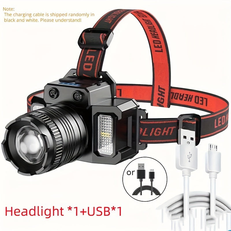 1pc HXP50+COB Rechargeable LED Headlamp, Hands-Free Head Mount Torch with Infrared Sensor Switch, 1500mAh Lithium Battery, USB Cable Included, for Outdoor Camping, Fishing, Climbing, Emergency Light