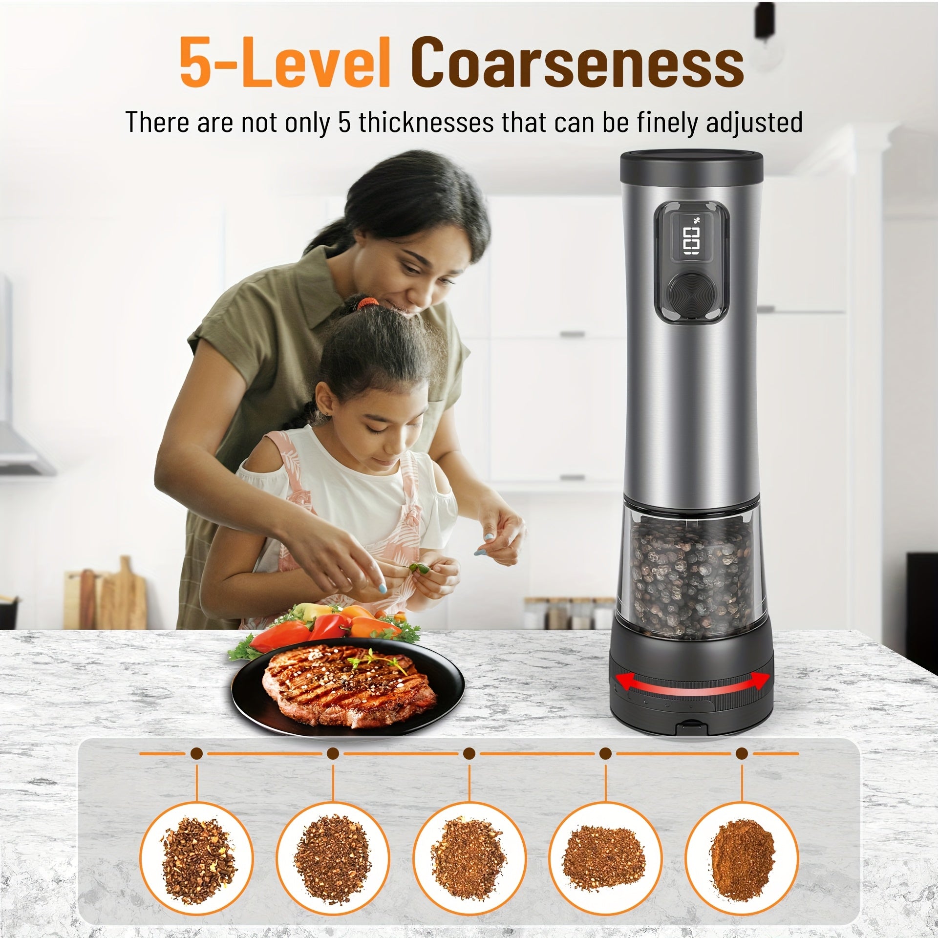 2pcs, Stainless Steel Electric Pepper Salt Grinder with LED Display, Combination Base and USB Charging, Roughness Adjustable, Large Capacity Pepper Salt Grinder, Suitable for Kitchen, Restaurant and Outdoor Use, Ideal Choice