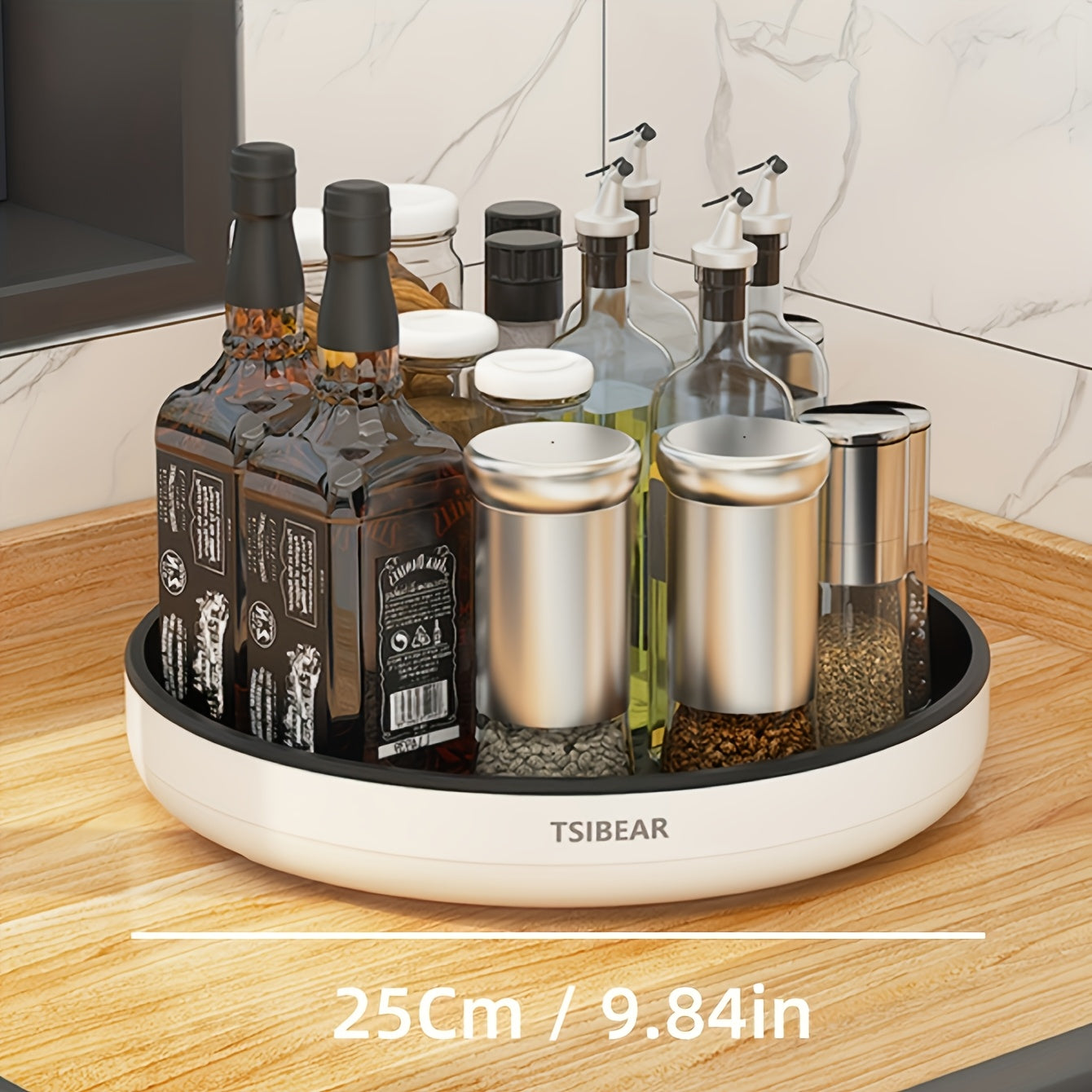 1pc 360° Rotating Kitchen Turntable Organizer - Space-Saving Countertop Spice Rack with Sliding Shelves & Multi-Compartment Storage, Durable Plastic White Turntable for Spices, Condiments, Cooking Oils, Sauces - Compact Mode