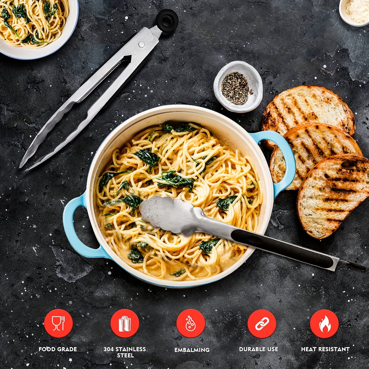 GripChef XL — Set de 3 Pinzas de Cocina en Acero Inoxidable 304 (Diseño con Bloqueo, Resistentes al Calor, Antideslizantes)