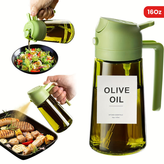 OliVerde EX — Dispensador de Aceite de Vidrio 2 en 1 con Tapa Automática (16oz, Color Verde Oliva, Etiquetas Incluidas)