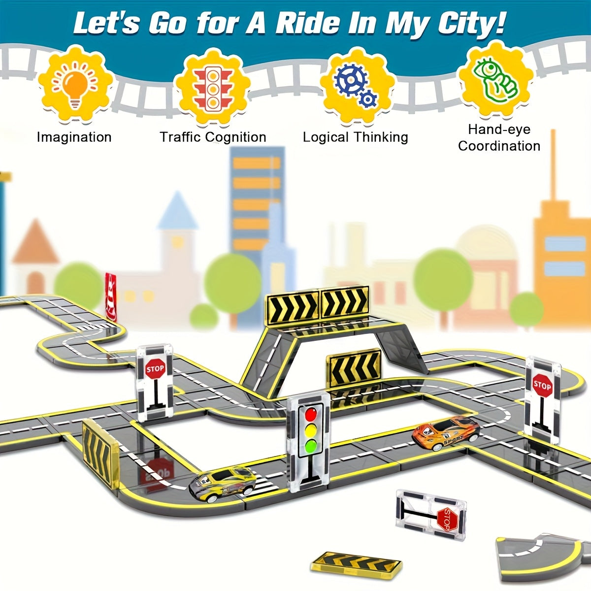 Magical Road Set with Magnetic Road Indicators, Toy Cars, and Magnetic Building Blocks STEM Educational Creative Construction Toys for Kids - Random Colors