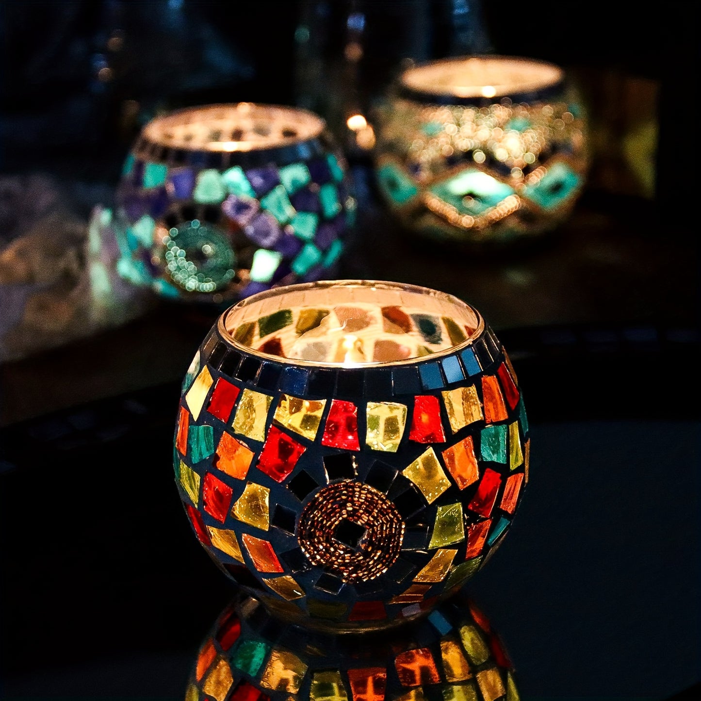 LuzMosaico VH — Set of 3 Turkish-Moroccan Handmade Candle Holders (Crystal with Lacquered Finish, Glam Style)