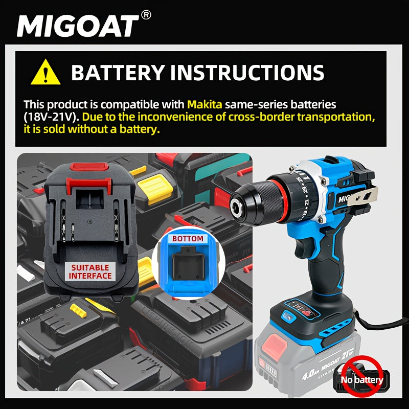 MIGOAT 410W Cordless Rechargeable Impact Drill - 10mm Chunk, 1/2 Inch, 1700rpm, 18V-20V-21V Battery, Ergonomic Handle, Durable Construction for DIY & Professional Use, Cordless Drill, Robust Tool Design, Sturdy Construction,