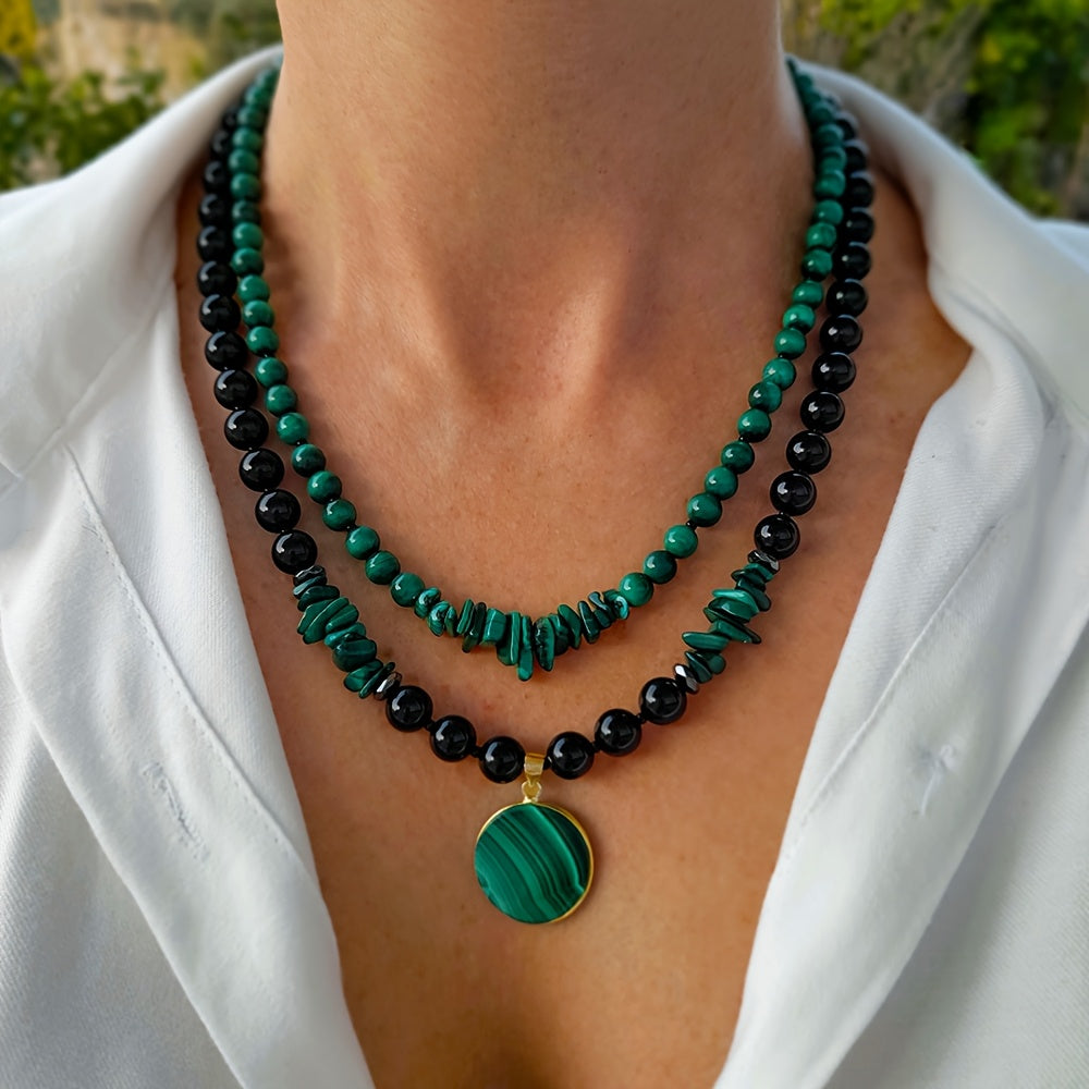2pcs/Malachite and Black Agate Double-Layered Necklace Set for Women, Handmade Jewelry with Large Natural Stone Pendant and Multi-Strand Beads, Birthday Gift for Mom