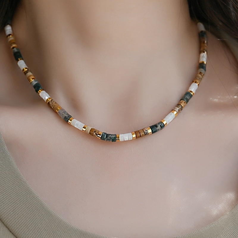 Vintage Bohemian Style Women'S Necklace with Earthy Tones and White Gemstones, Layered Beaded Clavicle Chain Jewelry, Suitable for Parties, Gifts, and Casual Attire