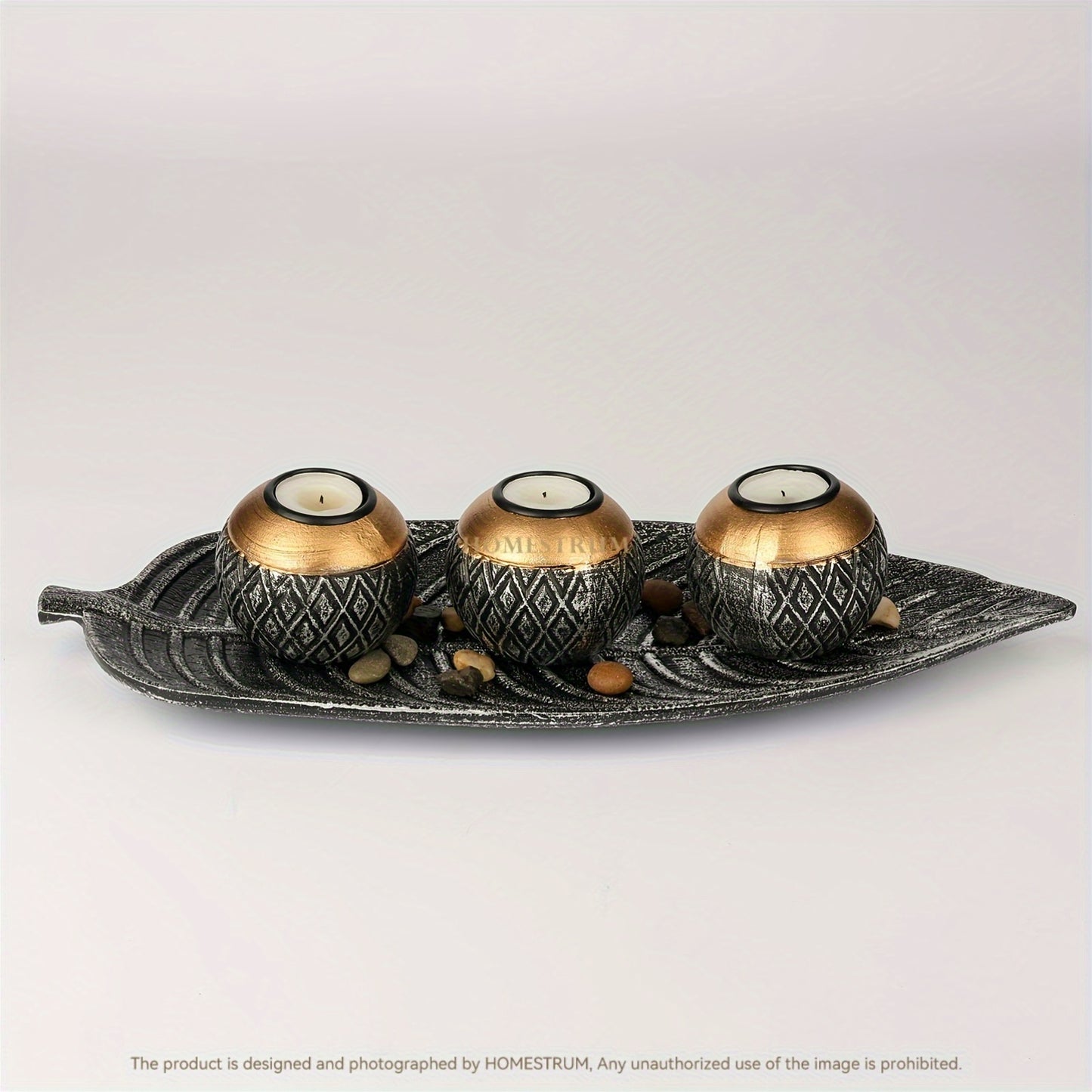 Leaf Harmony — Set de Portavelas de Madera con Bandeja y Esferas