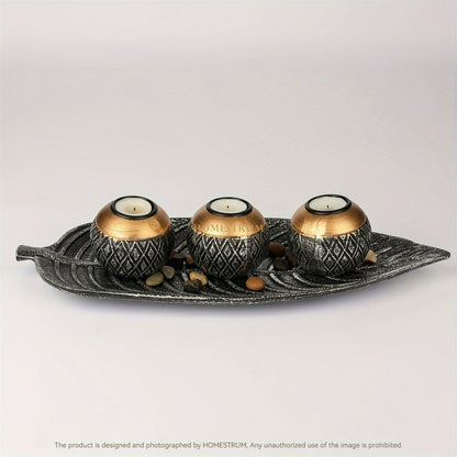 Leaf Harmony — Set de Portavelas de Madera con Bandeja y Esferas