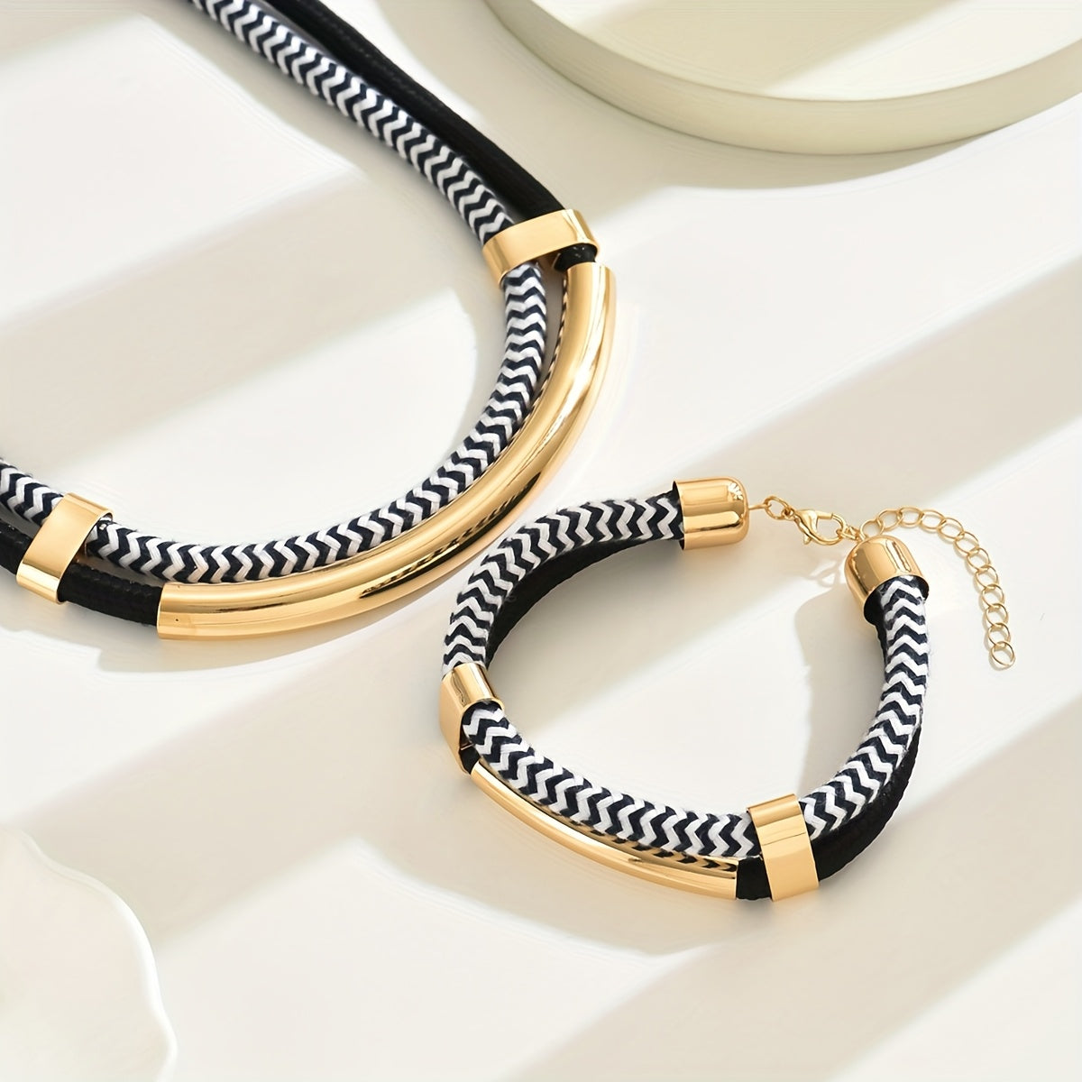 2pcs Vintage Style Jewelry Set, 14K Golden Plated Iron Necklace and Bracelet, Hip-Hop Inspired Double Line Design, Suitable for Daily and Party Occasions