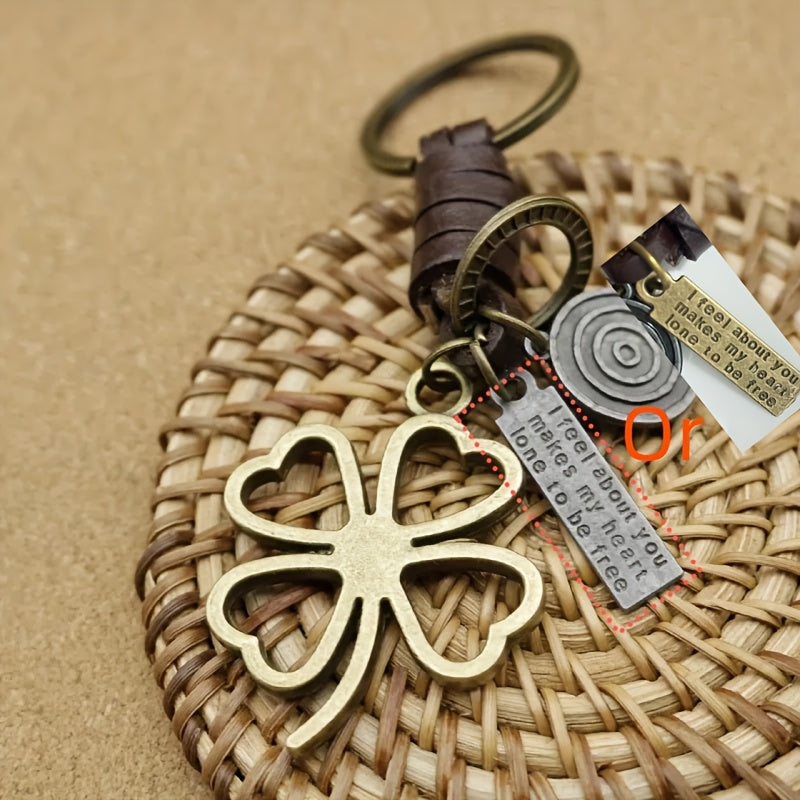 Men's Vintage Clover Keychain | Zinc Alloy with Heart Detail | Bronze Finish & Braided Faux Leather Strap | Casual Style | Durable Metal Charm for Keys and Accessories, Key Organization | Vintage Keychain | Spiral Metal Accen