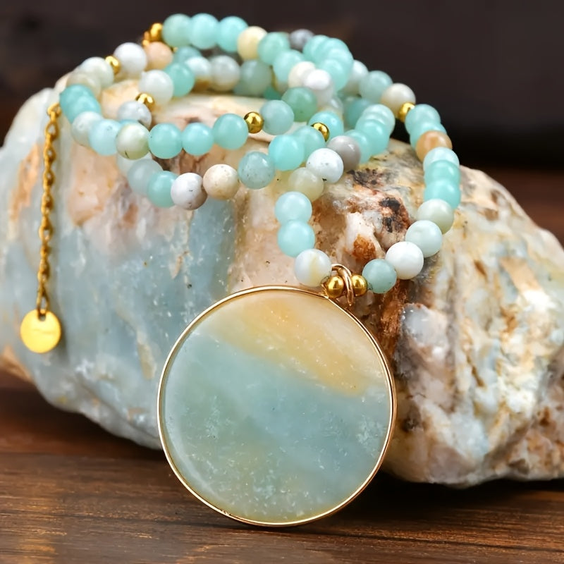 1pc Natural Stone Round Amazonite Pendant Necklace - Bohemian Style Multicolor Bead Chain Jewelry for Women, Casual Attire & Summer Vacation Gift, Year-Round Versatile Accessory