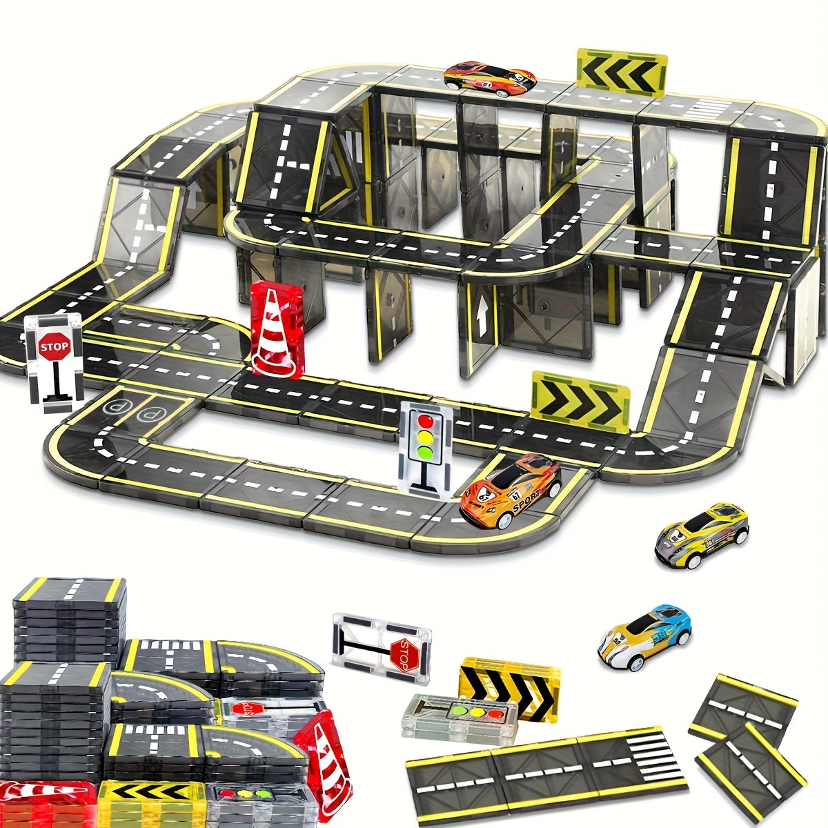 Magical Road Set with Magnetic Road Indicators, Toy Cars, and Magnetic Building Blocks STEM Educational Creative Construction Toys for Kids - Random Colors