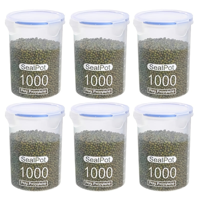 6pcs Sealed Food Storage Container Set, Grain Storage Box - Transparent Plastic, Stackable Sealed Jar, with Blue Lid, Suitable for Kitchen Finishing - Very Suitable for Grains, Nuts, Tea, Etc.