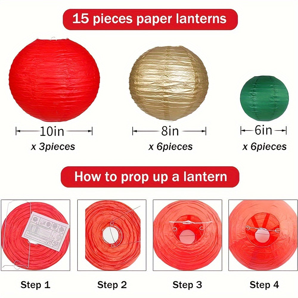 15pcs, Christmas party decoration paper lanterns, 3 25cm, 6 20cm, 6 15cm paper lanterns, 15 sets, suitable for Christmas/New Year room decoration, to increase the festive atmosphere, red, dark green, gold,