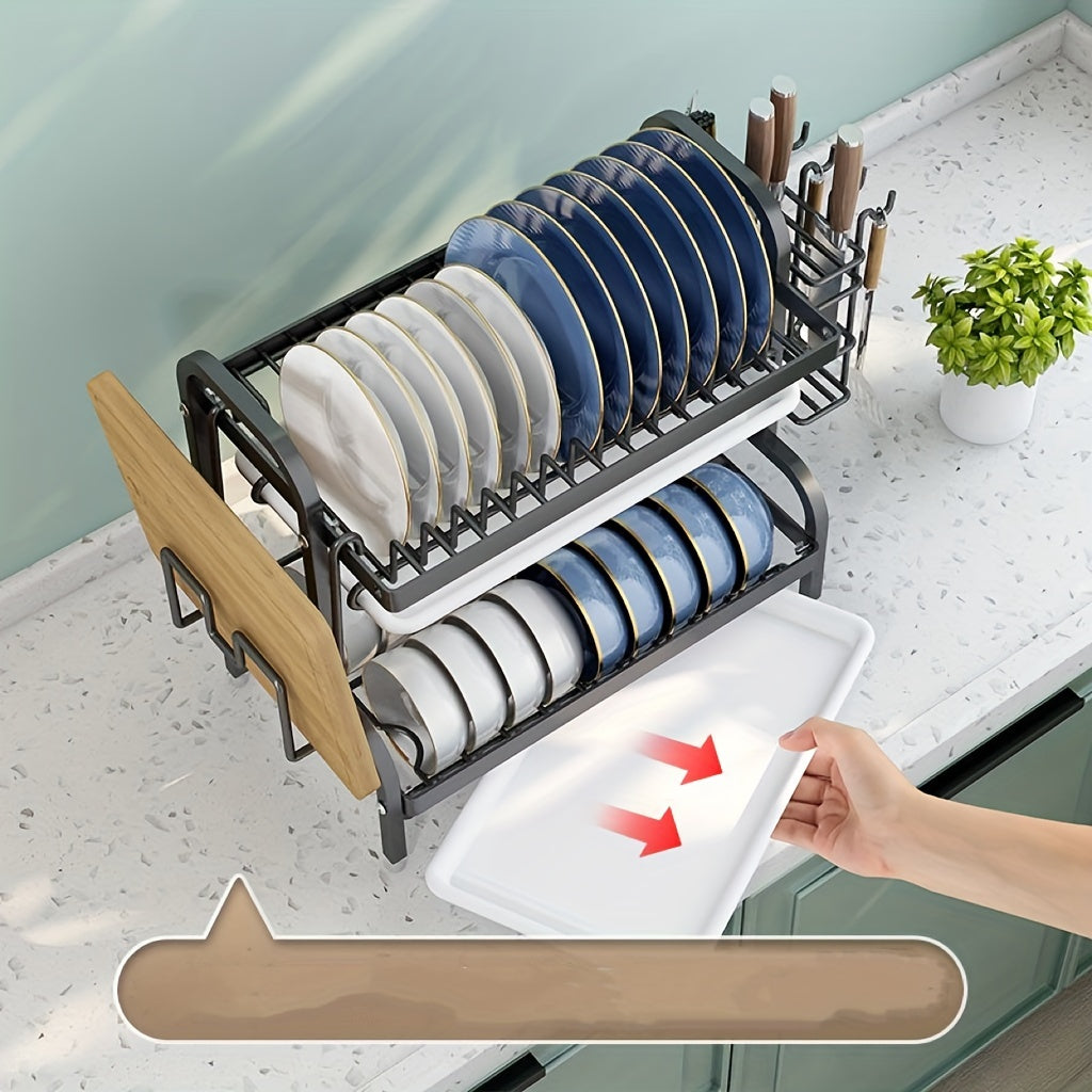 A Complete Set of High-Quality Carbon Steel Three-Layer Bowls, Plates, Chopsticks, Forks, Spoons, Cups, And a Cutting Board with a Draining And Storage Rack.