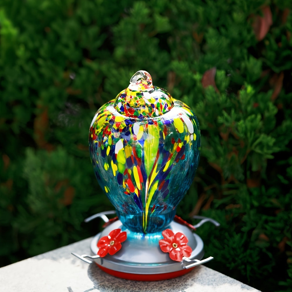 Colorful Hand-Blown Glass Hummingbird Feeder: 32oz (946ml) Capacity, Outdoor Hanging, Ant Moat, No Electricity Required