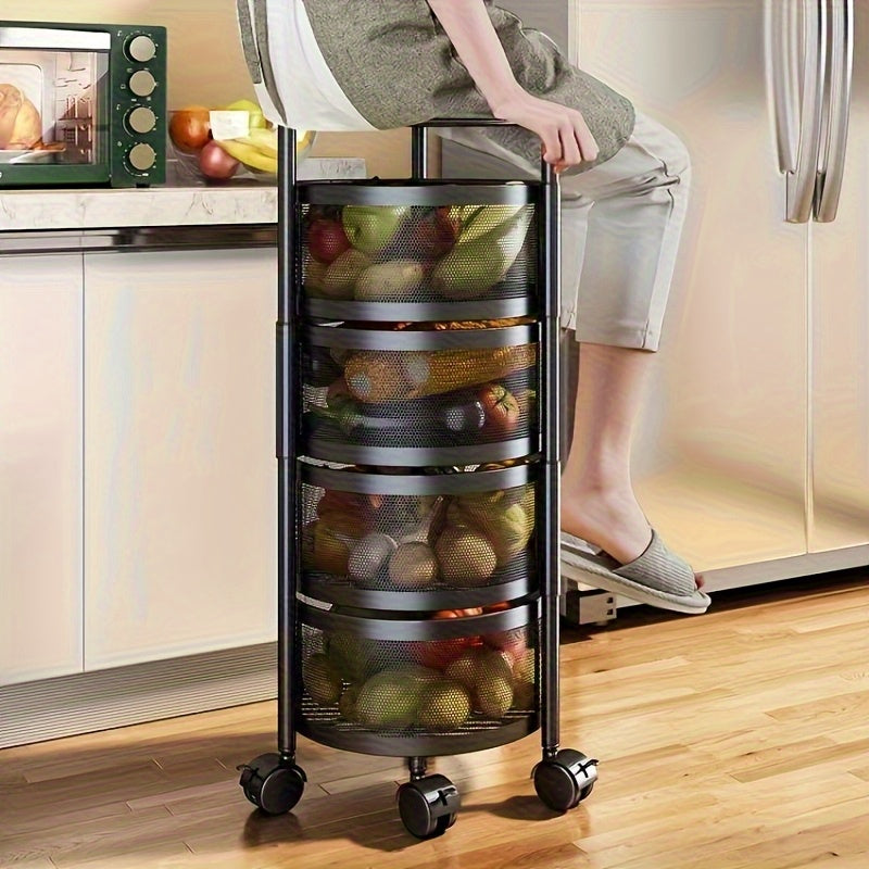Easy No-Assembly Rotating Metal Storage Rack - Multi-Tier Black Wire Mesh Fruit & Vegetable Organizer with Wheels for Kitchen, Living Room - Sturdy Floor-Standing Shelf, Space-Saving Modern Home Decor, Minimalist Design, Dura