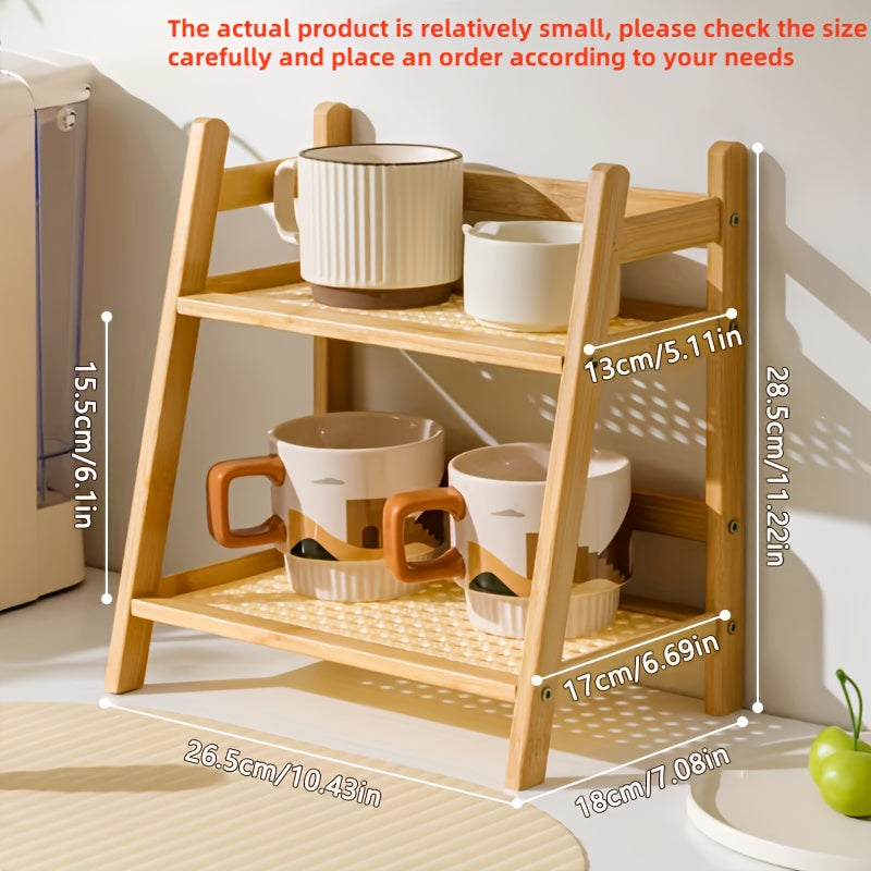 Double layer wooden cup storage rack, 26cm/10 inch artificial rattan mug organizer, suitable for kitchen and living room, compact desktop rack, can hold mugs, cups and small items, durable wooden material, space saving design