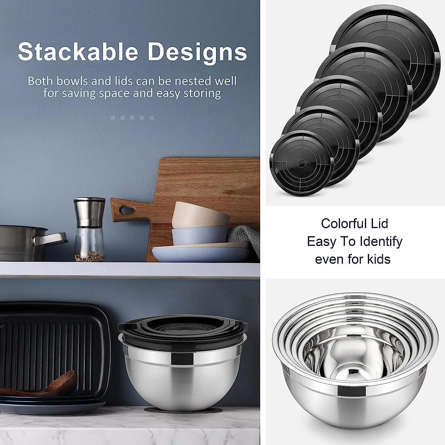 5pcs Stainless Steel Bowl Set, Multi-Functional Kitchen Mixing Bowls with Sealed Lids, Oven-Safe for Baking, Serving Fruits and Vegetables. Ideal for Home Kitchens, Restaurants, Picnics, Camping, Christmas, Easter, Thanksgivi