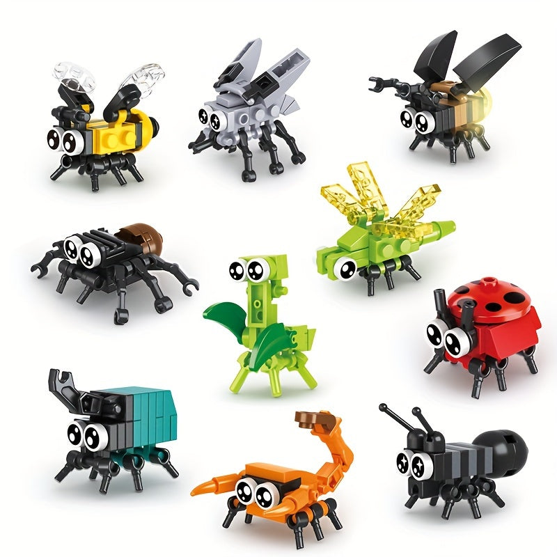 A Set of 10 Insect Building Blocks, Featuring Animal Models Like Bees, Ladybugs, Fireflies, Dragonflies, Spiders, And Scorpions, Makes a Perfect Gift for Young People.