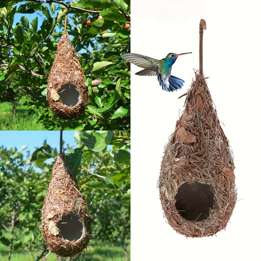Hand-Woven Style Plastic Hanging Bird House for Hummingbirds - No Electricity Needed, Durable Outdoor Roosting Nest with Natural Grass Texture, Easy Installation for Garden & Yard Decoration