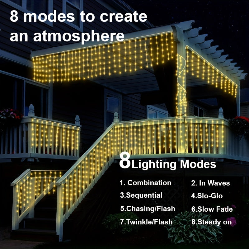 1 pack, outdoor solar 59.98meter x 7.19meter curtain cord light, IPX4, 8 modes of remote control waterfall light, courtyard garden balcony birthday party wedding decoration light, commercial lighting atmosphere string light,