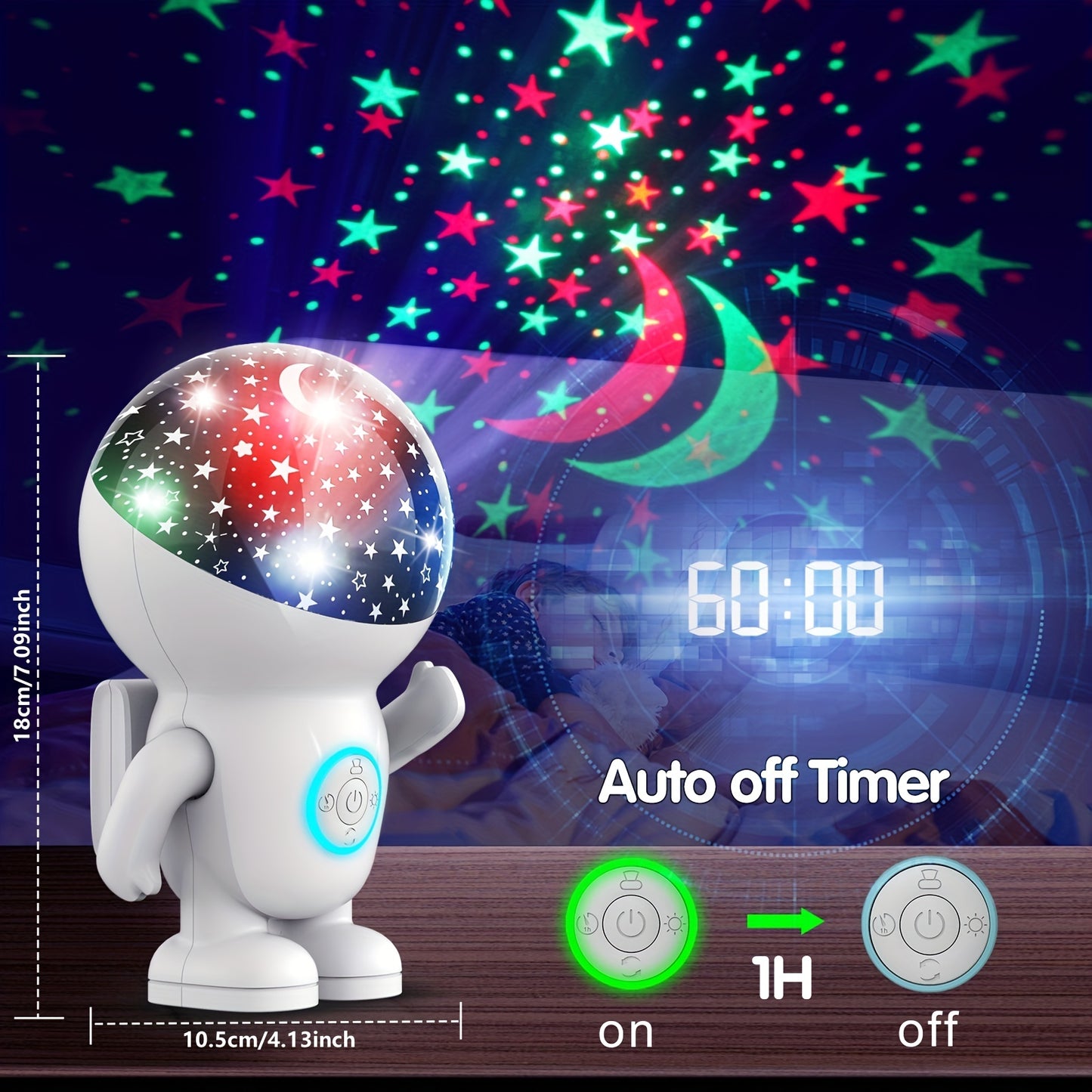 AstroLuz VJ — Astronaut-Shaped USB Star Projector for Young People (Multicolor, Auto Power Off)