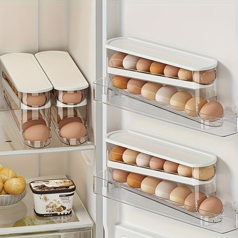 Adjustable Rolling Egg Holder for Refrigerator Door, Stackable, Durable Plastic, Fits 18 Eggs, with No Battery Required, for Kitchen Organization Accessory