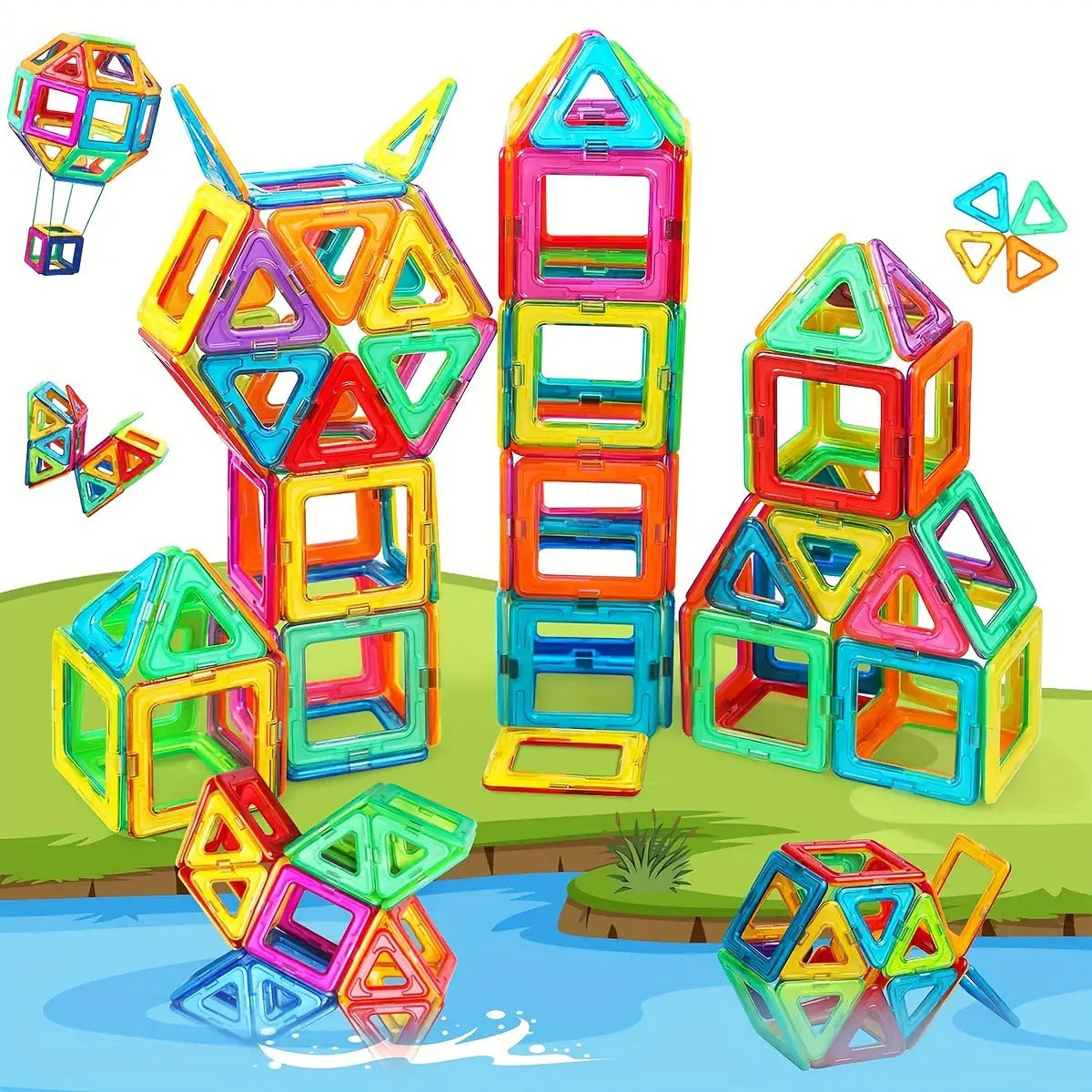 Large Magnetic Building Blocks STEM Educational Set with Storage Bag - 3D Architectural Construction for, Creative Learning Gift with Interlocking Rods, Squares, Triangles & Curved Brackets - Birthday/Christmas/Halloween Gift