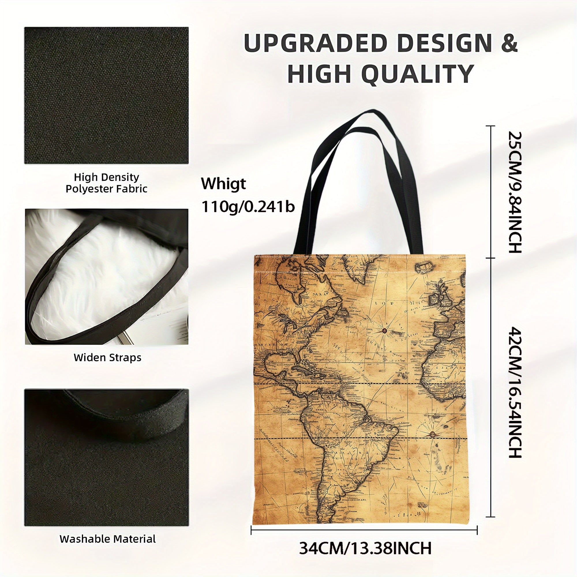 1pc Vintage World Map Canvas Tote Bag - Durable Polyester, Retro Style with Classic Map Design, Perfect for Shopping & Everyday Use, Shopping Canvas Bag|Nostalgic Accessory|Detailed Cartographic Print