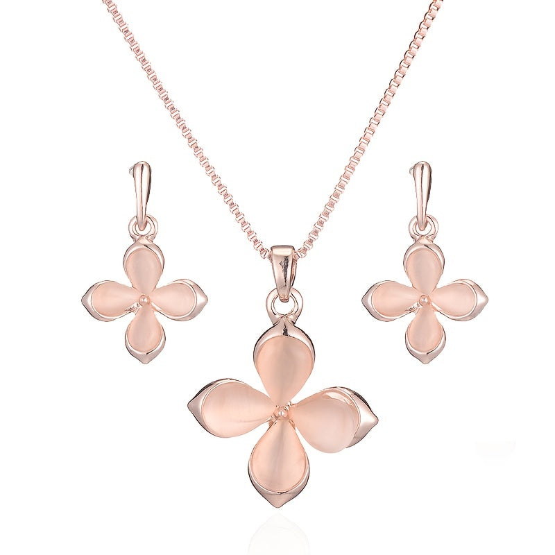 LuckyBloom — Set de Collar y Aros con Trébol Rosa de Ópalo (2 Piezas)