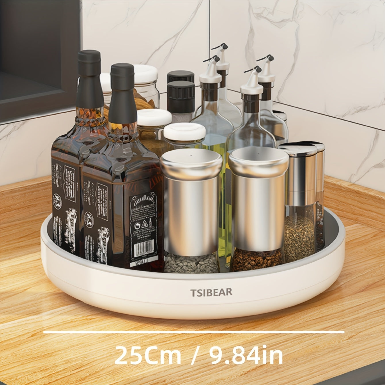 1pc 360° Rotating Kitchen Turntable Organizer - Space-Saving Countertop Spice Rack with Sliding Shelves & Multi-Compartment Storage, Durable Plastic White Turntable for Spices, Condiments, Cooking Oils, Sauces - Compact Mode