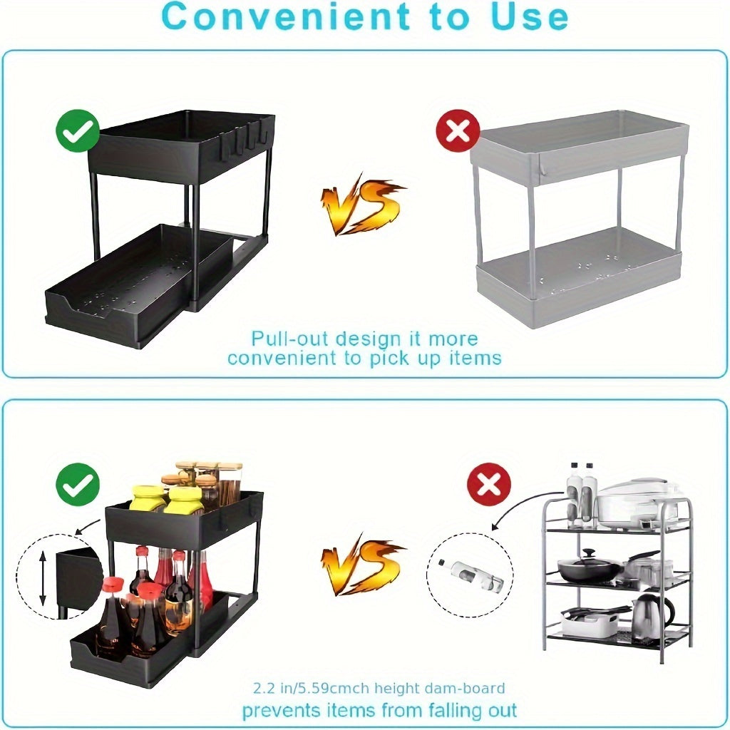 2-Tier Sliding Under Sink Organizer with Metal Frame - Black/White Plastic Storage Basket for Kitchen Spices, Cosmetics & Accessories, Multi-Purpose Bathroom Cabinet Drawer Shelf, Kitchen Organizer | Sleek Storage Solution |