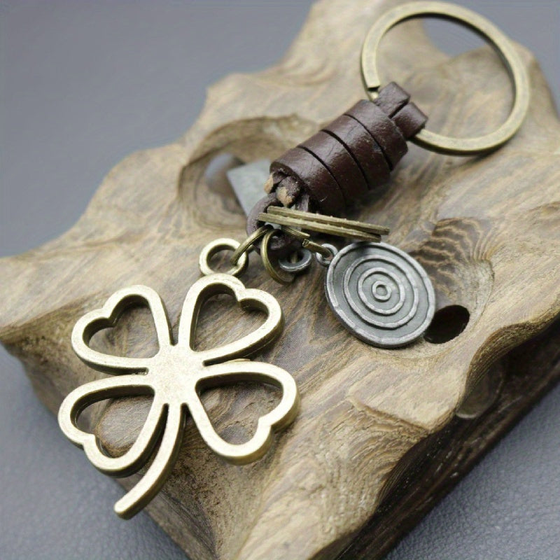 Men's Vintage Clover Keychain | Zinc Alloy with Heart Detail | Bronze Finish & Braided Faux Leather Strap | Casual Style | Durable Metal Charm for Keys and Accessories, Key Organization | Vintage Keychain | Spiral Metal Accen