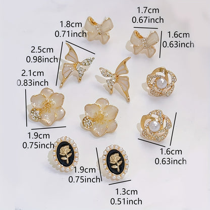 FleurLuxe — Set de 5 Pares de Aros Vintage con Incrustaciones de Vidrio y Detalles Franceses