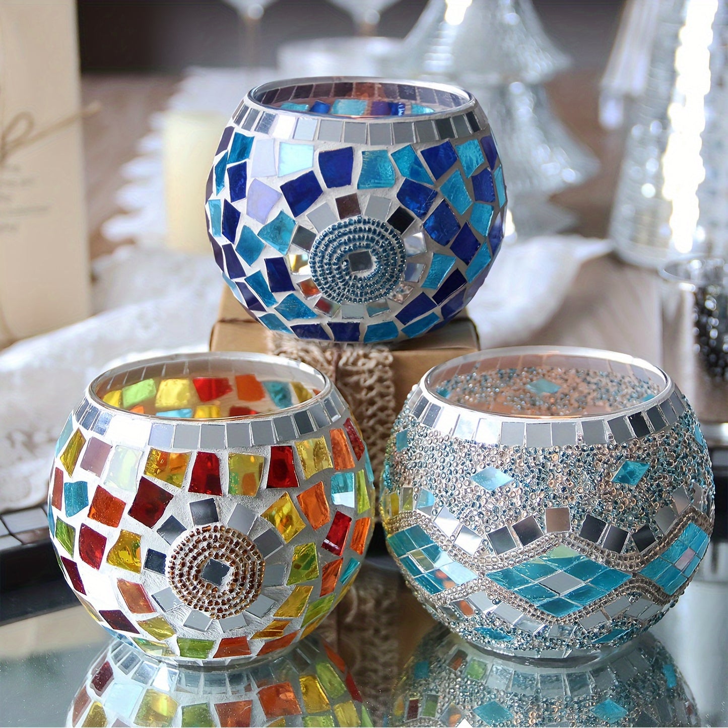 LuzMosaico VH — Set of 3 Turkish-Moroccan Handmade Candle Holders (Crystal with Lacquered Finish, Glam Style)