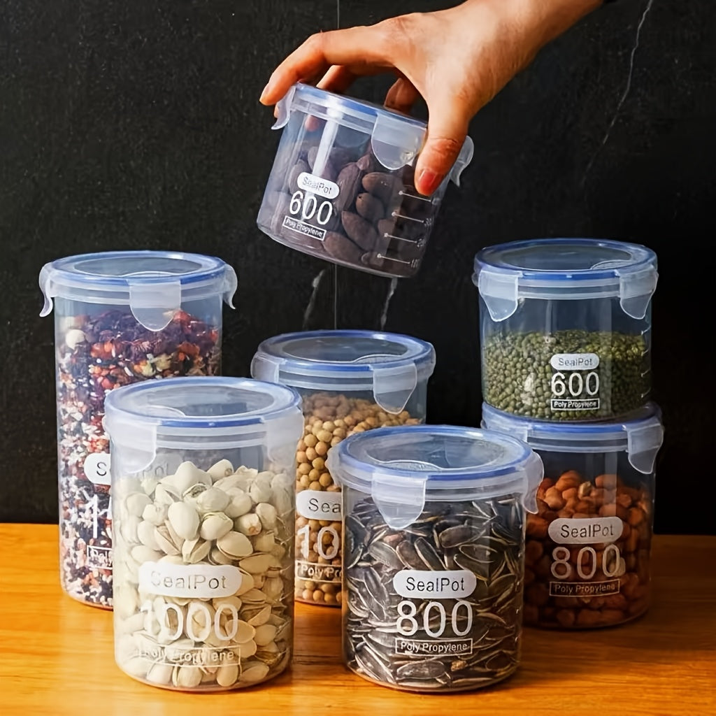 6pcs Sealed Food Storage Container Set, Grain Storage Box - Transparent Plastic, Stackable Sealed Jar, with Blue Lid, Suitable for Kitchen Finishing - Very Suitable for Grains, Nuts, Tea, Etc.
