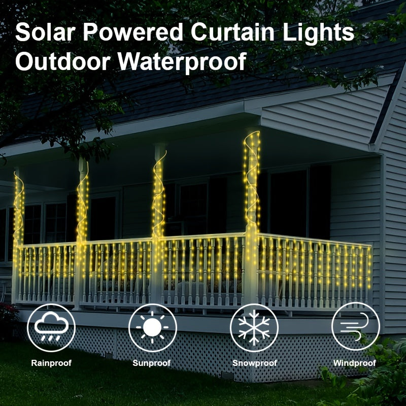 1 pack, outdoor solar 59.98meter x 7.19meter curtain cord light, IPX4, 8 modes of remote control waterfall light, courtyard garden balcony birthday party wedding decoration light, commercial lighting atmosphere string light,