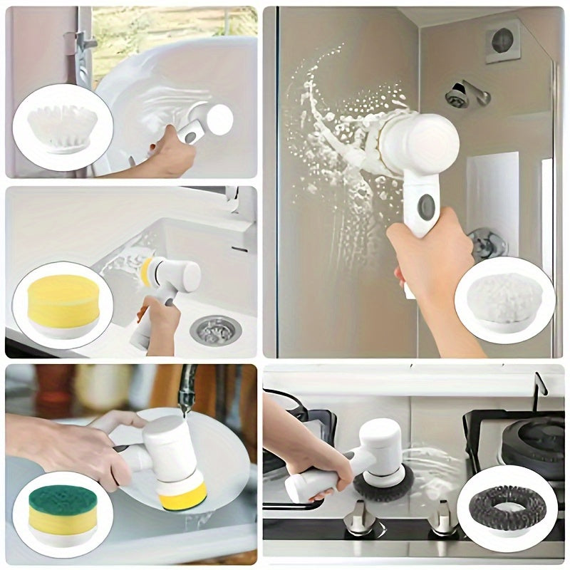LAN XUN 5-in-1 Rechargeable Electric Cleaning Brush Set with USB Charging, Medium Hardness, Multi-Purpose Handheld Brush Tool Kit for Bathroom, Kitchen, Bedroom, Living Room, Toilet - Includes 5 Brush Heads