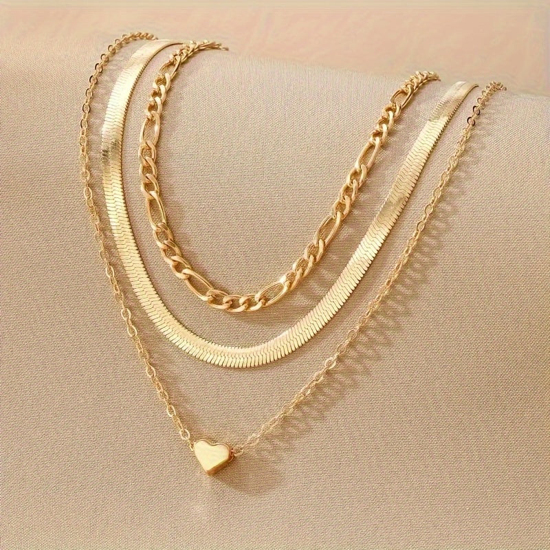 Elegant Layered Heart Charm Snake & Cuban Chain Necklaces, Retro Classic Style Fashion Women's Clavicle Chain Jewelry Set