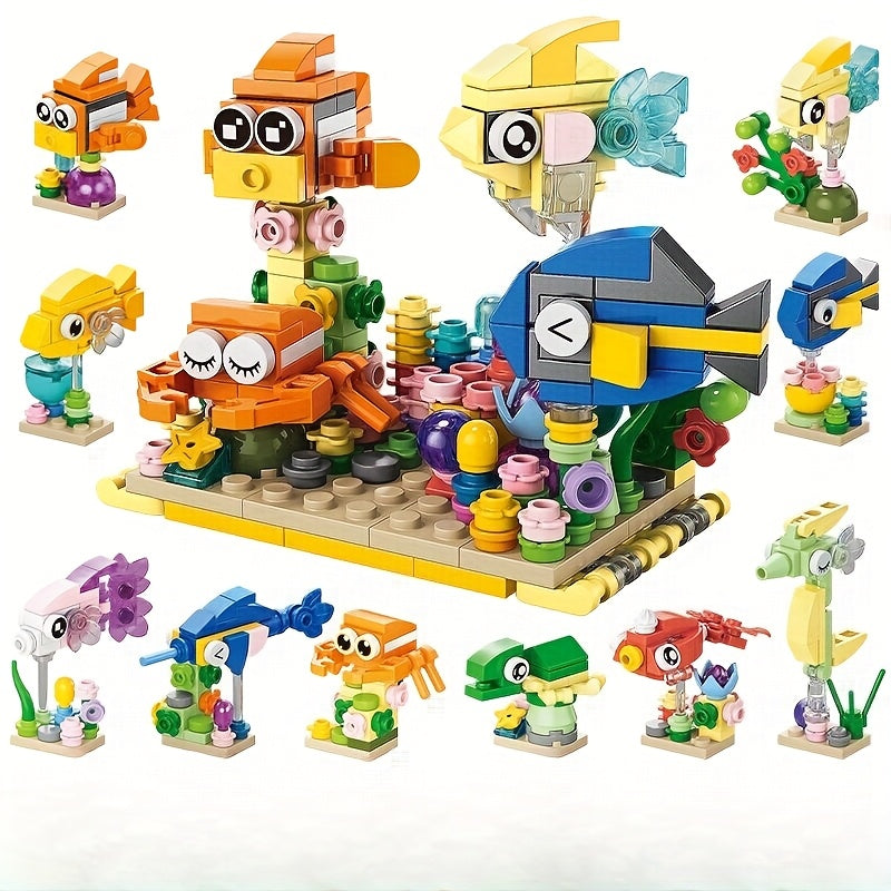 10-in-1 Mini Fish Series Building Block Set, Christmas Gift Assembly Toy, Sea Fish Model Kit, Holiday Birthday Present, Halloween Thanksgiving Tabletop Decoration, 344pcs – Build 10 Small Models or Combine into 1 Large Stru