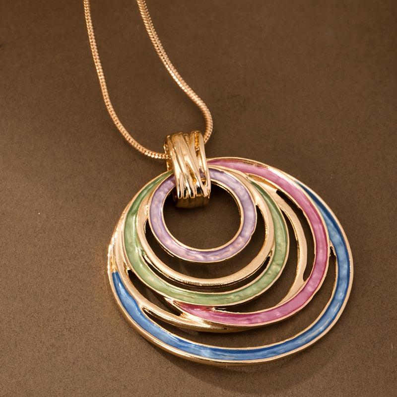 Women's Elegant Bohemian Necklace - Golden-Toned KC Chain with Green/Purple/Blue/Pink Gradient Pendant, Layered Oval Jewelry for Everyday & Formal Events, Valentine's Gift for Her - Year-Round Wearable Art, Party Accessory, G